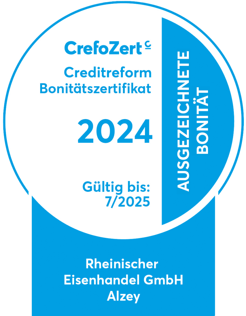Bonitätszertifikat 2024 von CrefoZert für Rheinischen Eisenhandel GmbH, gültig bis 07/2025, ausgezeichnete Bonität.